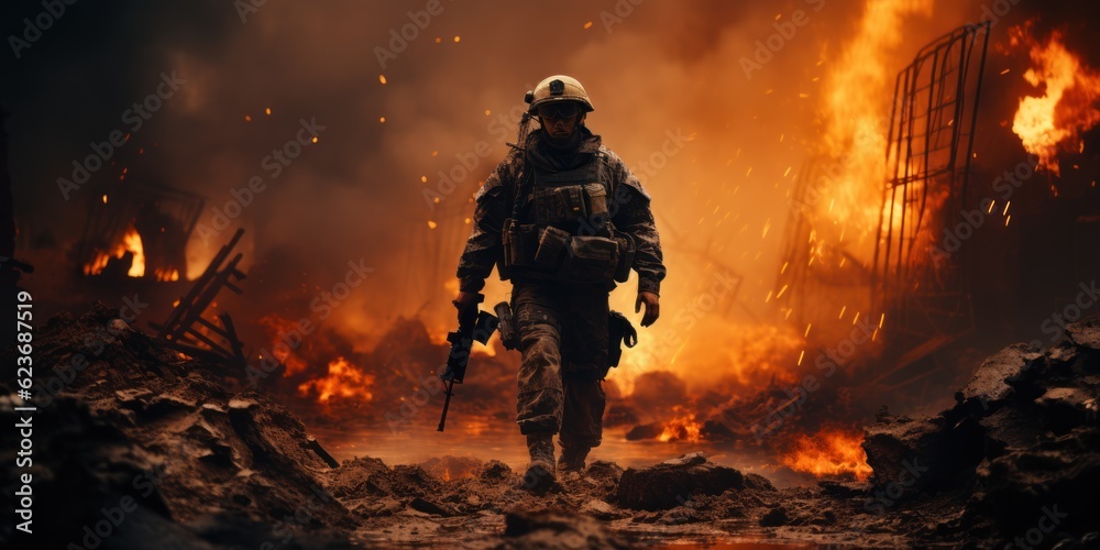 Special Forces soldiers across a war zone destroyed by bombs and smoke in the desert.