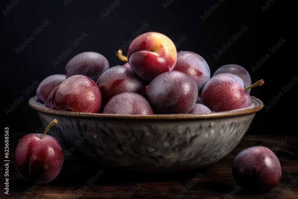 plums in a bowl on a dark background, created by Generative AI plums in a bowl on a dark background, created by Generative AI