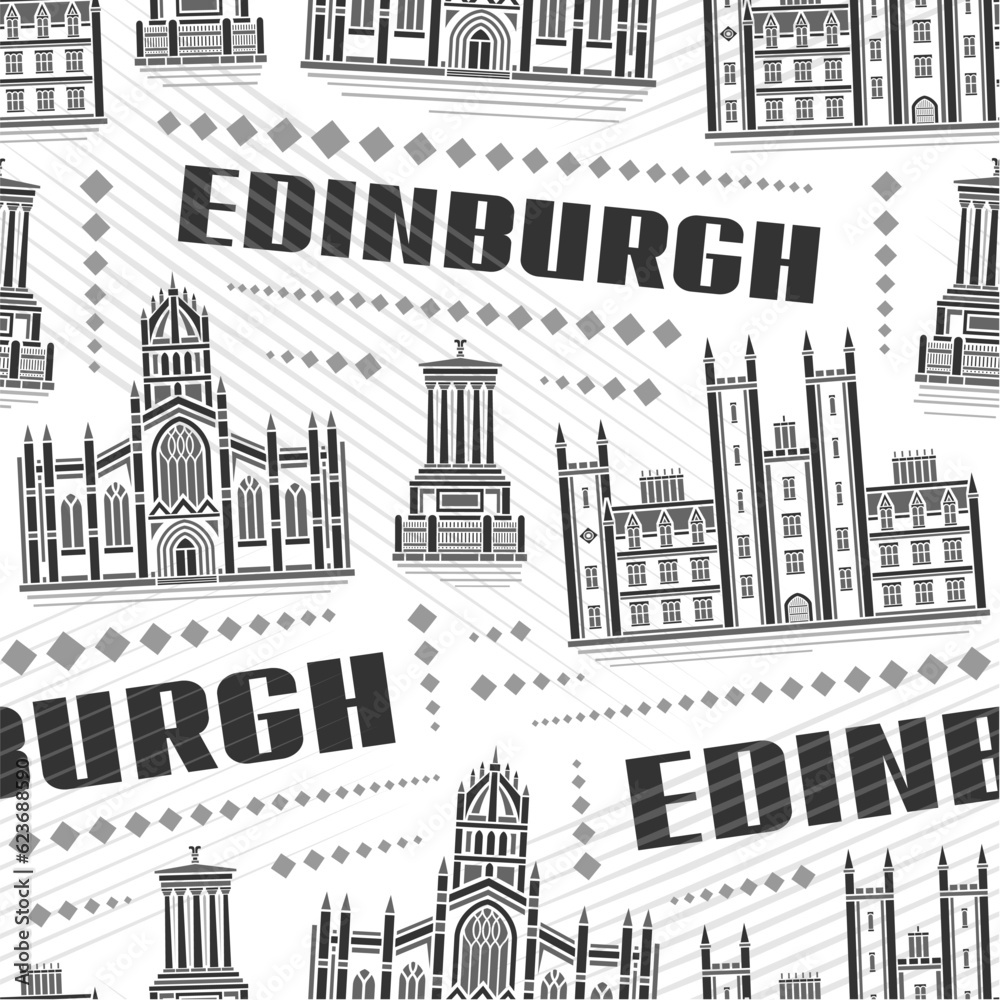 Vector Edinburgh Seamless Pattern, repeating background with illustration of european historical edinburgh city scape on white background, monochrome line art urban poster with black text edinburgh