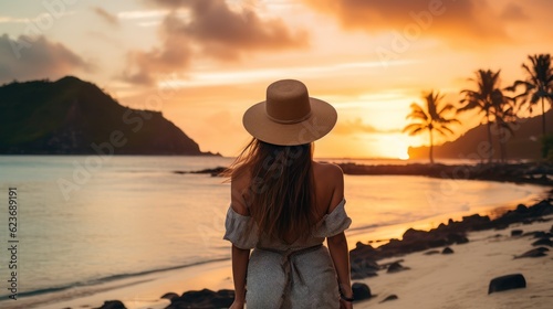 Beautiful young woman, with long brown hair and wear hat watching the golden sunset. Generative Ai. © Kowit