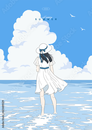 Beautiful woman standing on the sea looking at the summer sky. Girl anime Japanese manga cartoon character. Holiday, Travel, Vacation. Poster, Card. Hand drawn style vector design line illustration.