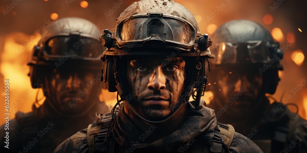 Fototapeta premium Special Forces soldiers across a war zone destroyed by bombs and smoke in the desert.