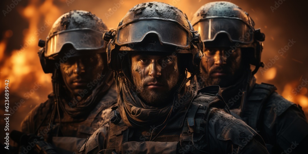 Fototapeta premium War special forces soldiers destroyed by bombs and smoke