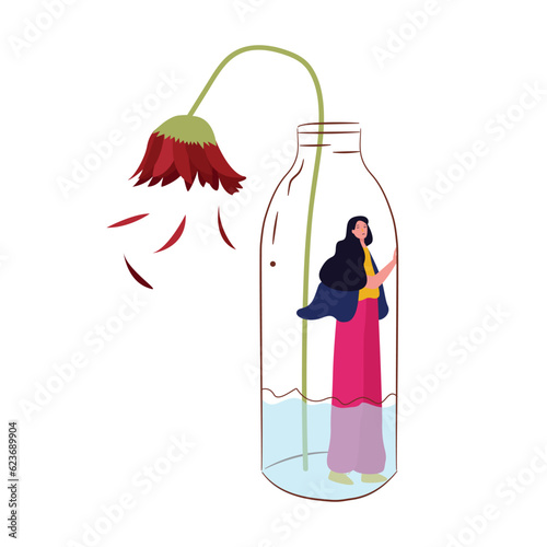 Girl inside bottle wilted flower dry dead spiritless plant and sadness girl broke heart disappointed love stress unhappy expression