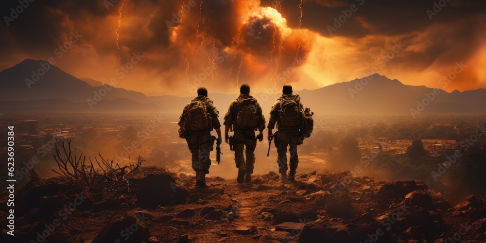 Fototapeta premium War special forces soldiers destroyed by bombs and smoke