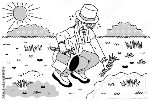強い日差しの中で草むしりをする男性のモノトーンイラスト