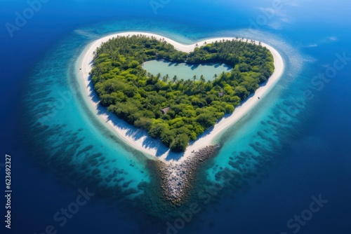 Tropical island in the shape of heart. Aerial view. 3D illustration. Generative Ai.