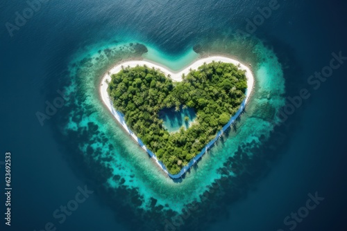 Tropical island in the shape of heart. Aerial view. 3D illustration. Generative Ai. © Kowit