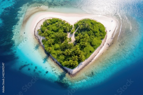 Tropical island in the shape of heart. Aerial view. 3D illustration. Generative Ai. © Kowit