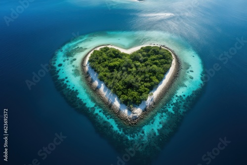 Tropical island in the shape of heart. Aerial view. 3D illustration. Generative Ai.