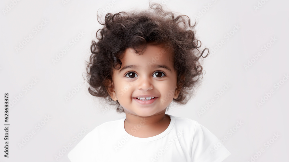 Smiling indian toddler on light background with copy space. Ai generation Smiling indian toddler on light background with copy space. Ai generation