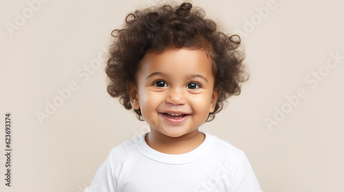 Smiling indian toddler on light background with copy space. Ai generation