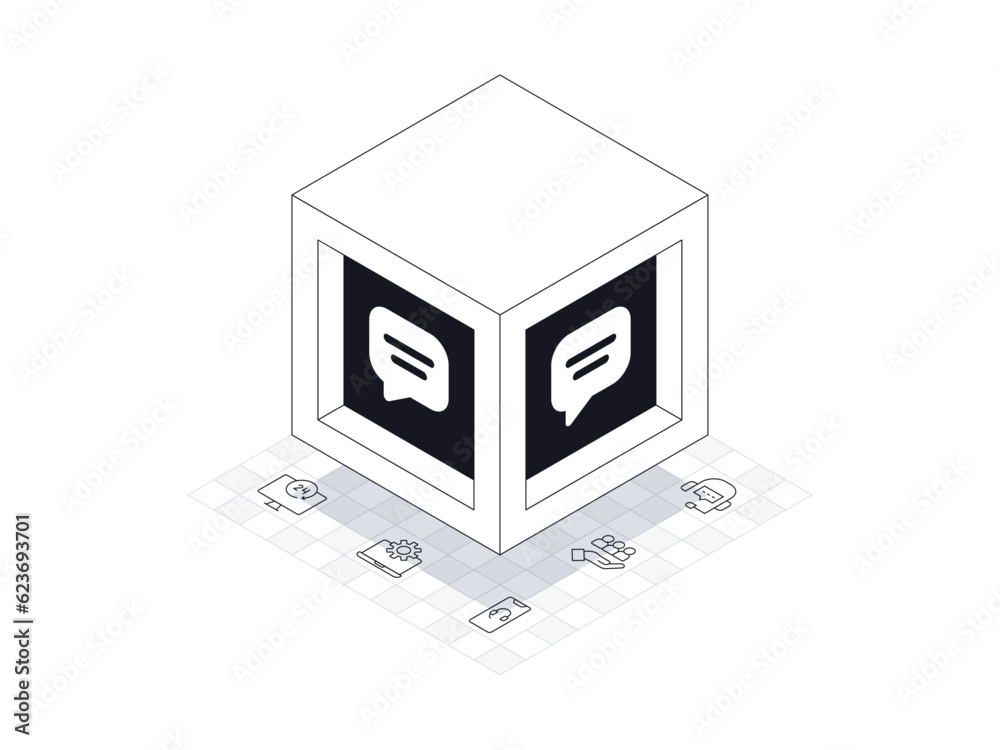 Support box illustration in isometric style. Background is support line icons containing hours, tech support, target, support.