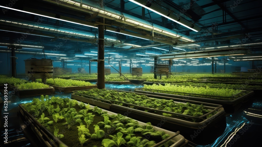 Naklejka premium Hydroponic indoor vegetable plant factory in exhibition space warehouse. Interior of the farm hydroponics. Green salad farm. Lettuce Roman growing in greenhouse with led lightning. Generative Ai.