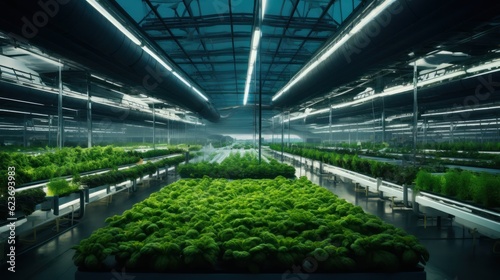 Hydroponic indoor vegetable plant factory in exhibition space warehouse. Interior of the farm hydroponics. Green salad farm. Lettuce Roman growing in greenhouse with led lightning. Generative Ai.