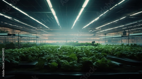 Hydroponic indoor vegetable plant factory in exhibition space warehouse. Interior of the farm hydroponics. Green salad farm. Lettuce Roman growing in greenhouse with led lightning. Generative Ai.