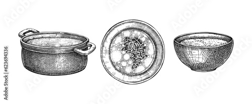 Dishes set. Cooked food. Hot soup served on plates, pans, bowls. Marrow bone broth sketches collection.  Engraved vector food illustrations isolated on white background