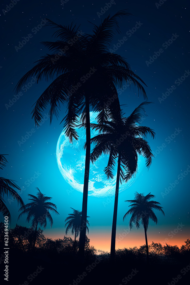 Full moon behind a palm tree silhouette. Generative AI 