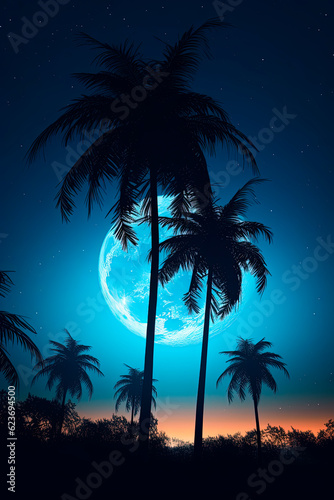 Full moon behind a palm tree silhouette. Generative AI 