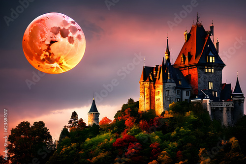 an old castle with a red moon, Generative AI © 재인 김