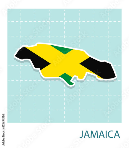 Stickers of Jamaica map with flag pattern in frame.