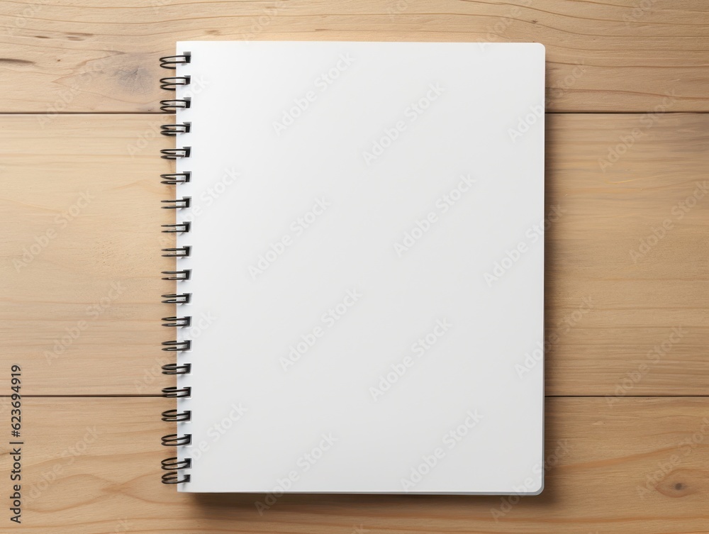 Top view of open spiral blank notebook on wood desk background. Generative Ai. Top view of open spiral blank notebook on wood desk background. Generative Ai.