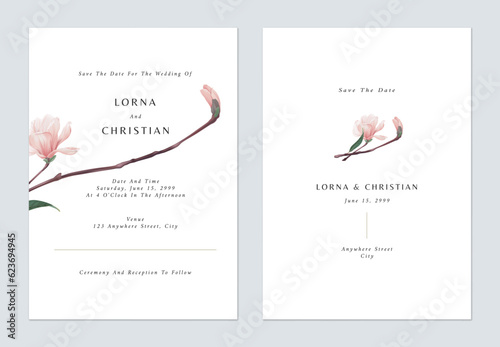 White minimalist Magnolia flowers wedding invitation