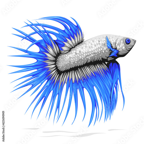 Vector illustration of crown tail betta fish with white scales and blue fin isolated on white background, suitable for your icon, logo, or poster design