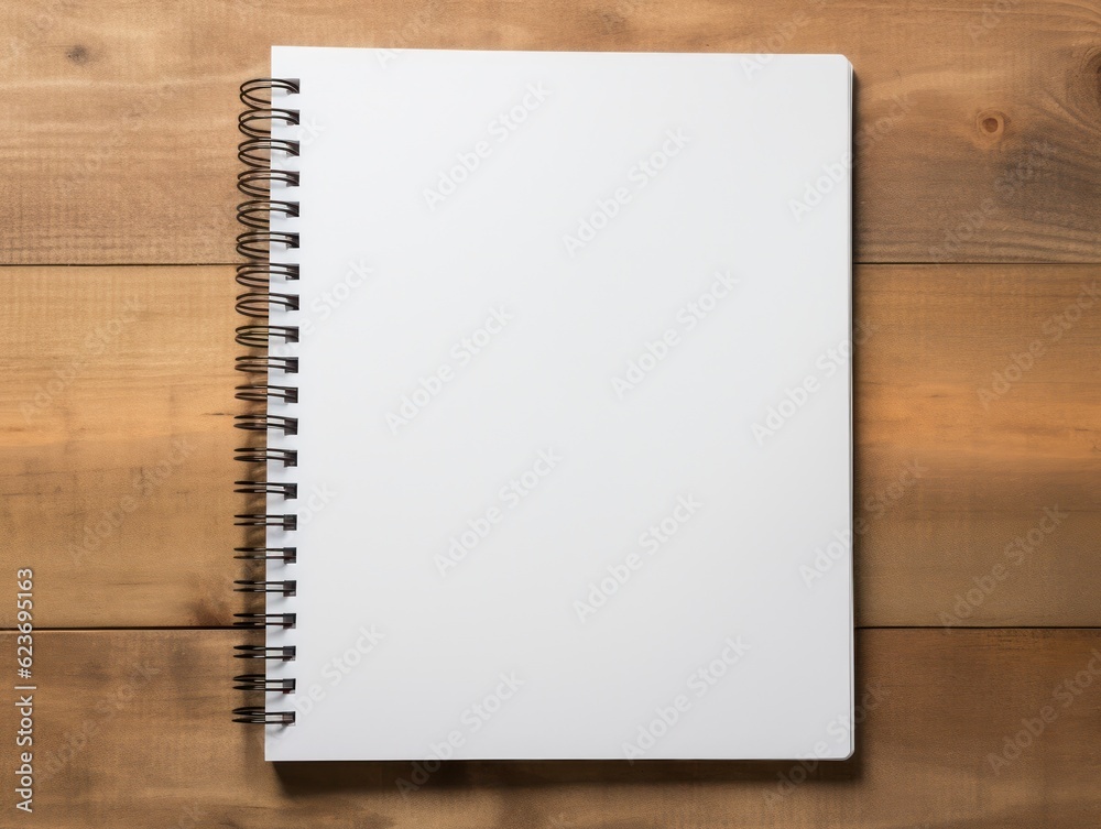 Top view of open spiral blank notebook on wood desk background. Generative Ai. Top view of open spiral blank notebook on wood desk background. Generative Ai.
