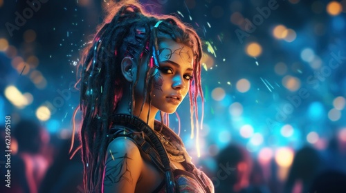 Brunette with hair in braids at a concert or outdoor event illustration.