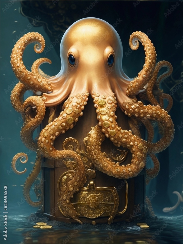 Obraz premium A Giant Octopus Embracing an Overflowing Treasure Chest of Gold Coins, Its Gaze Heavy with Contemplation