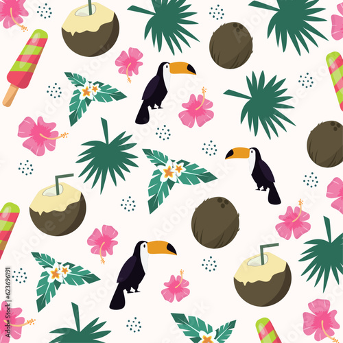 Bright cartoon seamless pattern in tropical style.Seamless summer pattern with tucan, coconut, flowers and tropical leafs.