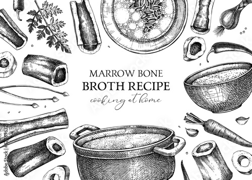 Healthy food background. Marrow bone broth frame. Hot soup served on plates, pans, bowls, vegetables, marrow bones sketches. Engraved vector food illustrations isolated on white background photo