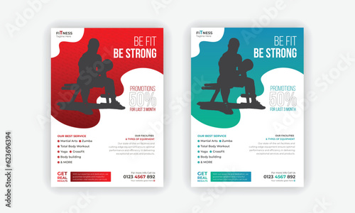 Professional Fitness Gym Flyer and Poster Template or Fitness workout leaflet Design or Fitness Gym layout with 2 color variations