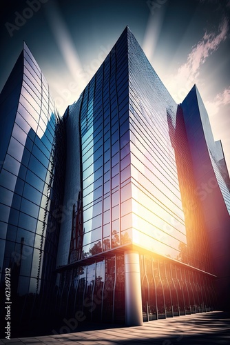 Modern glass busines center against the sky. Contemporary architecture. Minimalism byilding style. Generative Ai photo