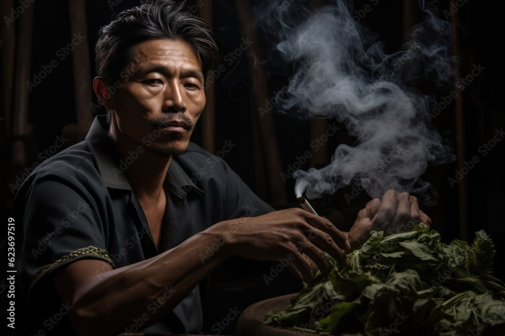 Asian man smoking marijuana  Dark and sullen shot of a man smoking