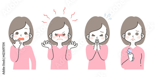 若い女性のいろいろな感情・表情のイラスト素材セット（驚く・慌てる・怒り・謝罪・お願い・悲しい・寂しい）