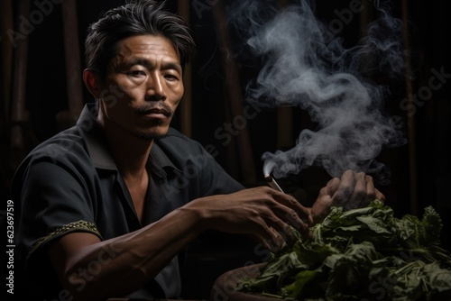 Asian man smoking marijuana Dark and sullen shot of a man smoking