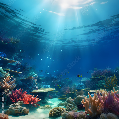 sunny summer sea  underwater  marine life  ship  coral  fish