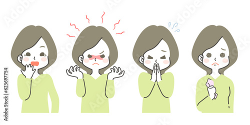 若い女性のいろいろな感情・表情のイラスト素材セット（驚く・慌てる・怒る・謝る・お願い・悲しい・寂しい）