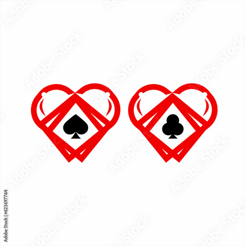 Poker club logo design. Illustration of heart with Ace of spades and clover and hat in negative space. unique concept set logo design.