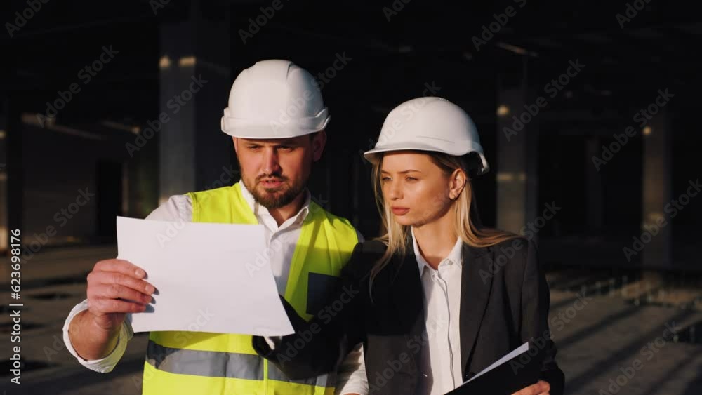 Architect manager chief contractor or construction supervisor are discussing the details of constructing new business center. Woman and the man wearing helmets and vest, are looking at the blueprints. Architect manager chief contractor or construction supervisor are discussing the details of constructing new business center. Woman and the man wearing helmets and vest, are looking at the blueprints.