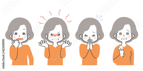 シニア女性のいろいろな感情・表情のイラスト素材セット（驚く・慌てる・怒り・謝罪・お願い・悲しい・寂しい）