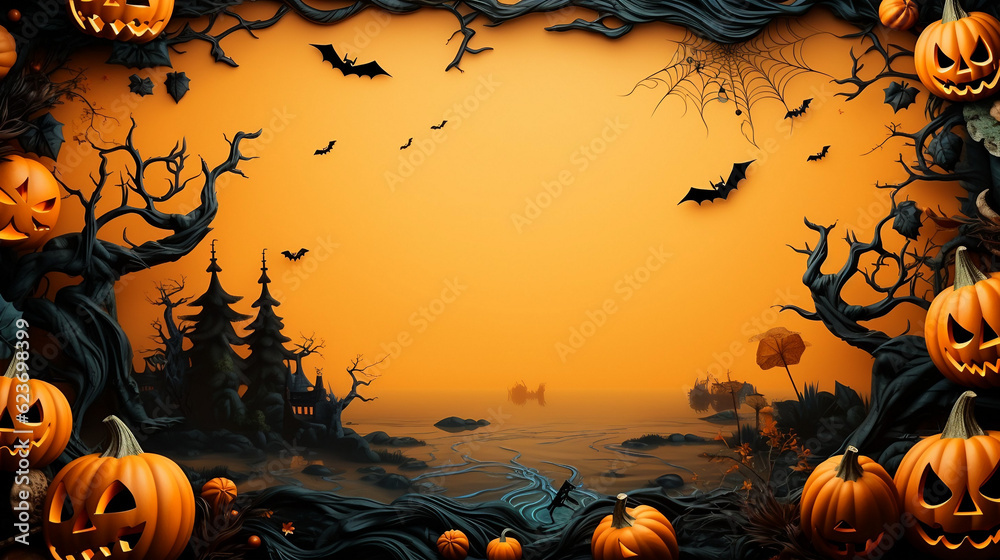 Happy halloween holiday concept. Halloween decorations, bats, ghosts on orange background - obrazy, fototapety, plakaty 