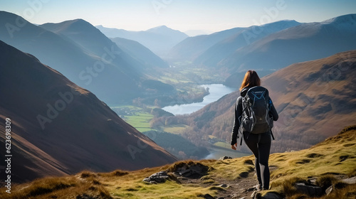 Female hiker descending a rocky path towards Sail from Crag Hill with distant views of High Stile and Red Pike
