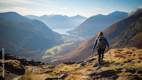 Obraz na plátně Female hiker descending a rocky path towards Sail from Crag Hill with distant vi