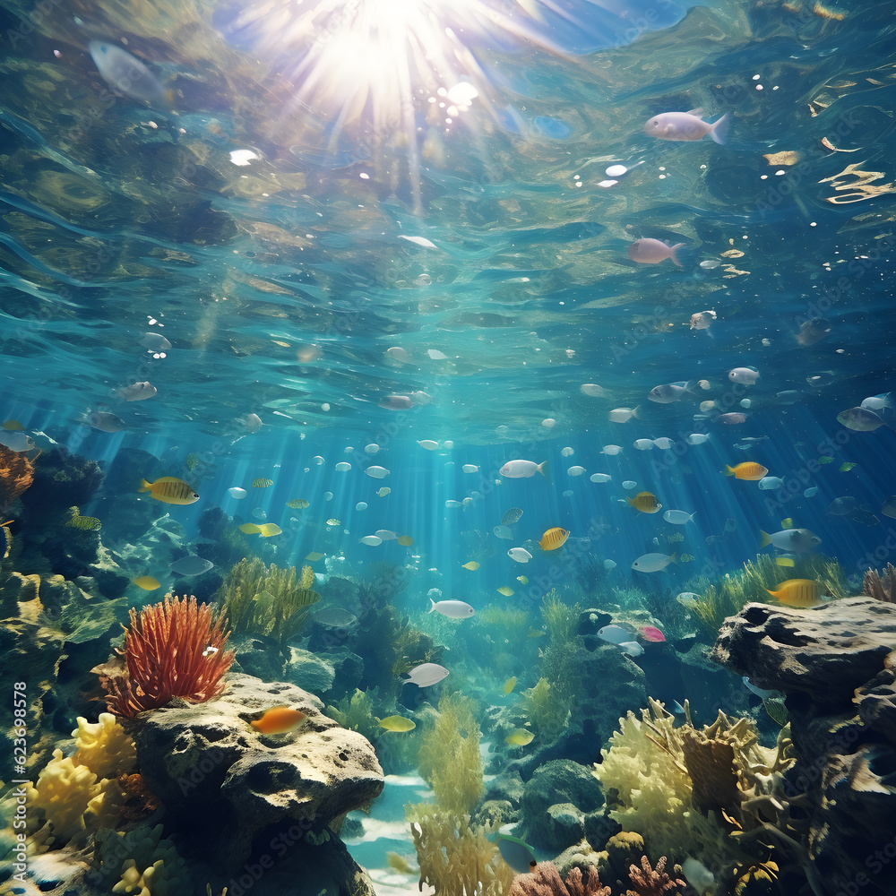 Naklejka premium Abstract underwater background, marine, coastal, world, fish, sunny, travel, beach, landscape 