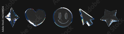 3D Trendy holographic retro futuristic set icon with smile, heart, arrow and star. Holo y2k style. Crystal glass element. Overlay dispersion light. Gradient icon on black background. 3D Rendering