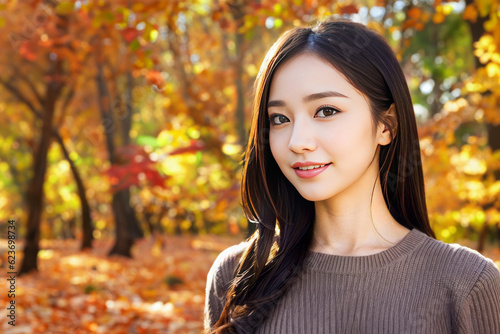 秋の紅葉した公園で笑顔の日本人女性(美人モデル) 