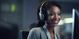 Smiling african american customer care representative working with headset in office. Black woman telemarketing agent working in call center. Call center with headset makinga video call, generative ai